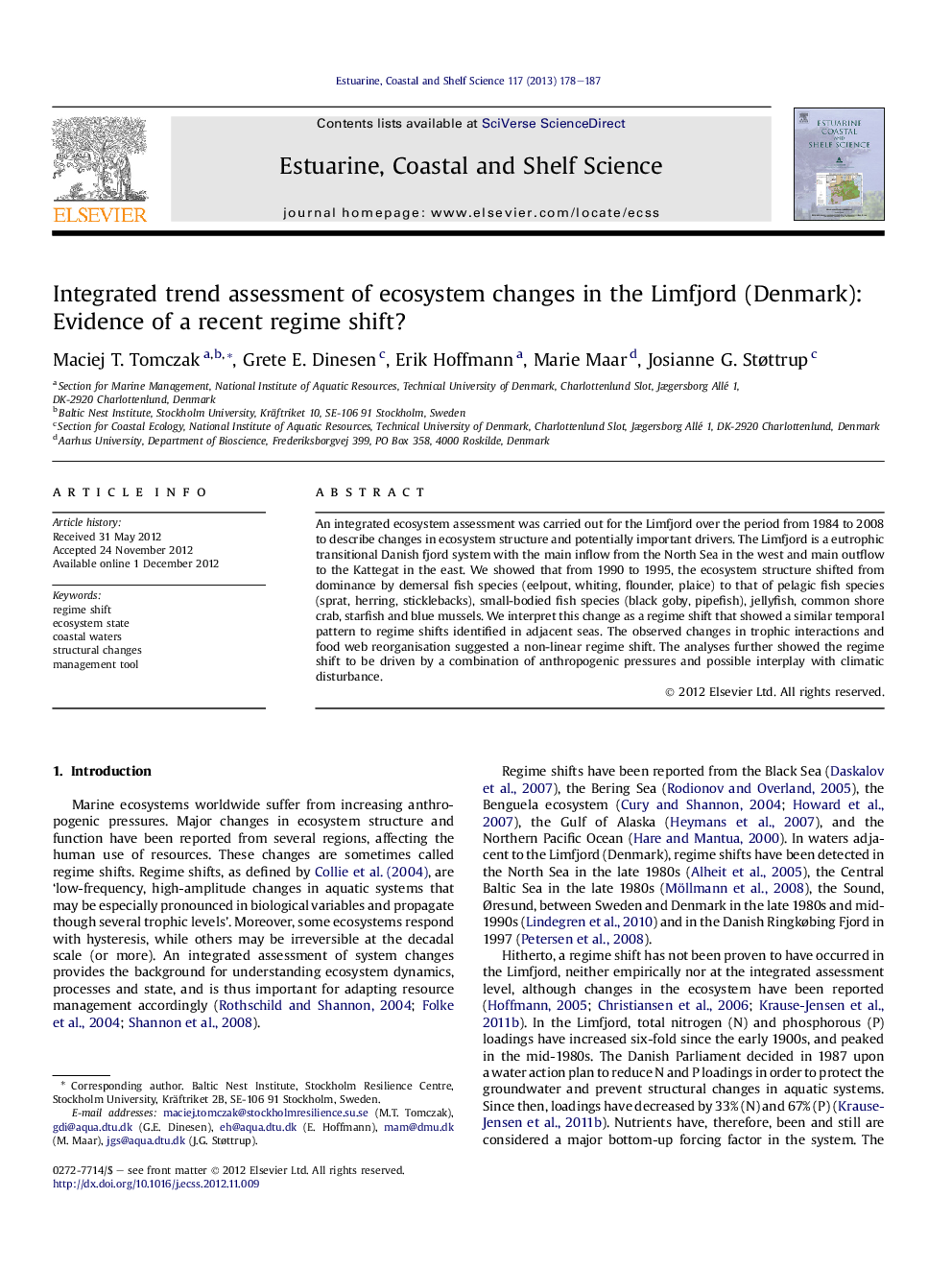 Integrated trend assessment of ecosystem changes in the Limfjord (Denmark): Evidence of a recent regime shift?