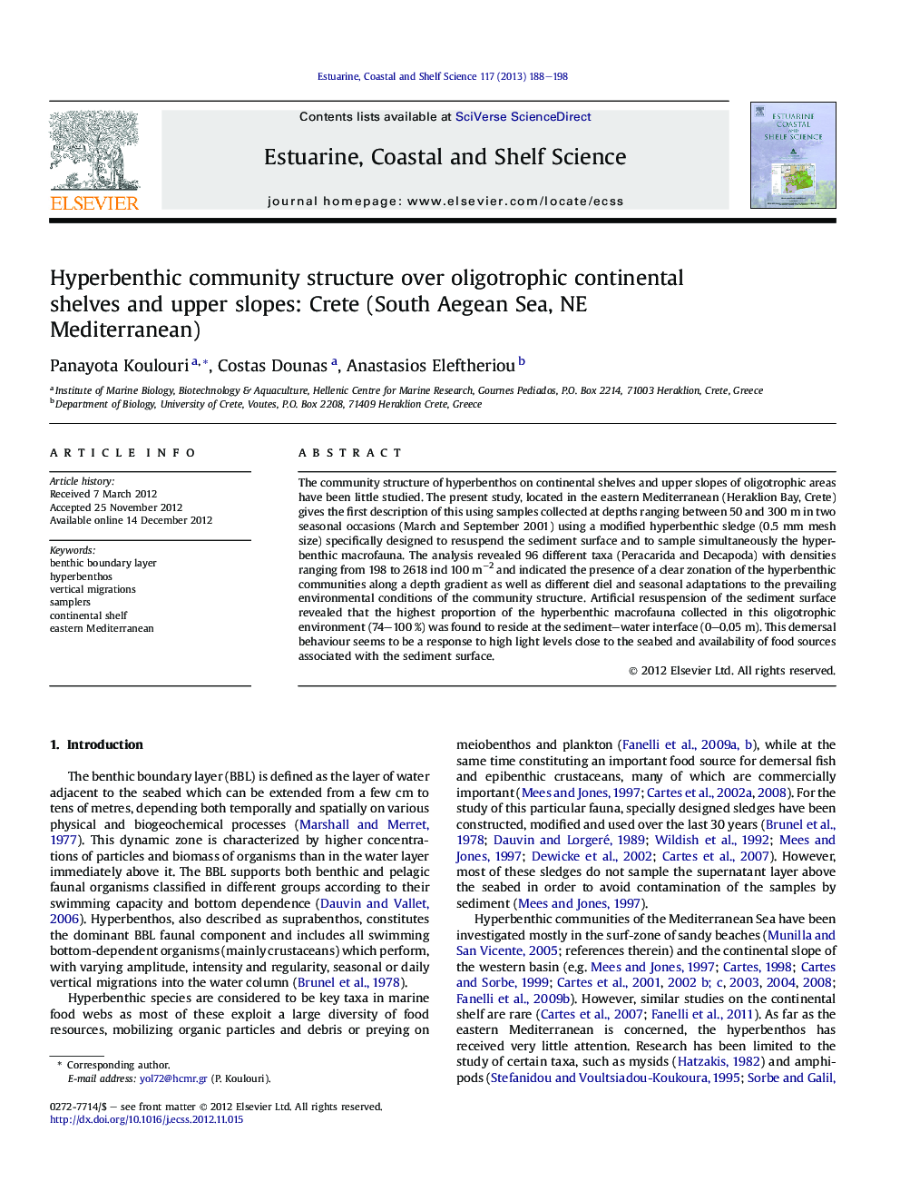 Hyperbenthic community structure over oligotrophic continental shelves and upper slopes: Crete (South Aegean Sea, NE Mediterranean)