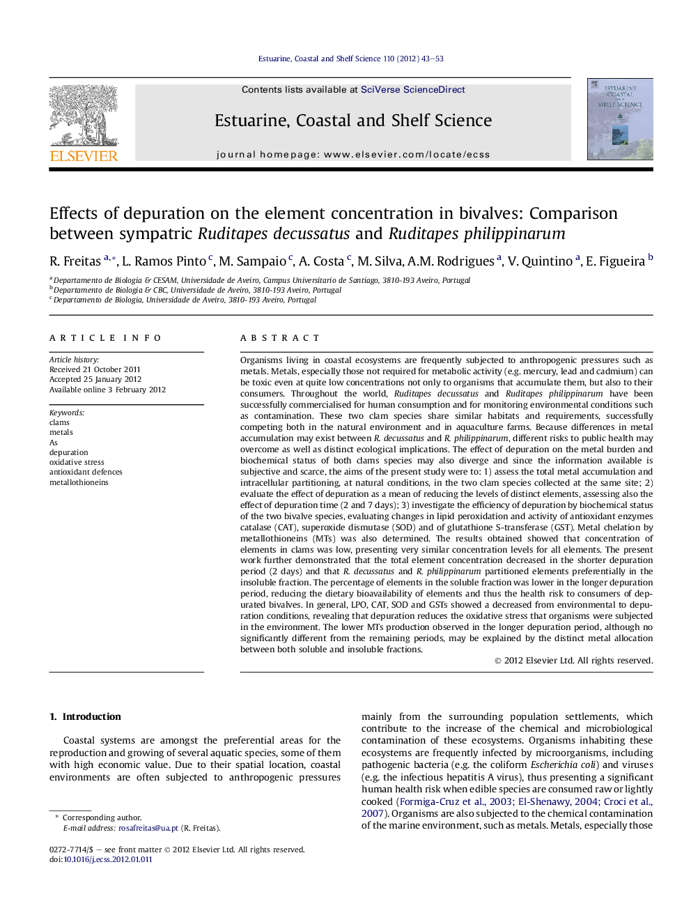 Effects of depuration on the element concentration in bivalves: Comparison between sympatric Ruditapes decussatus and Ruditapes philippinarum