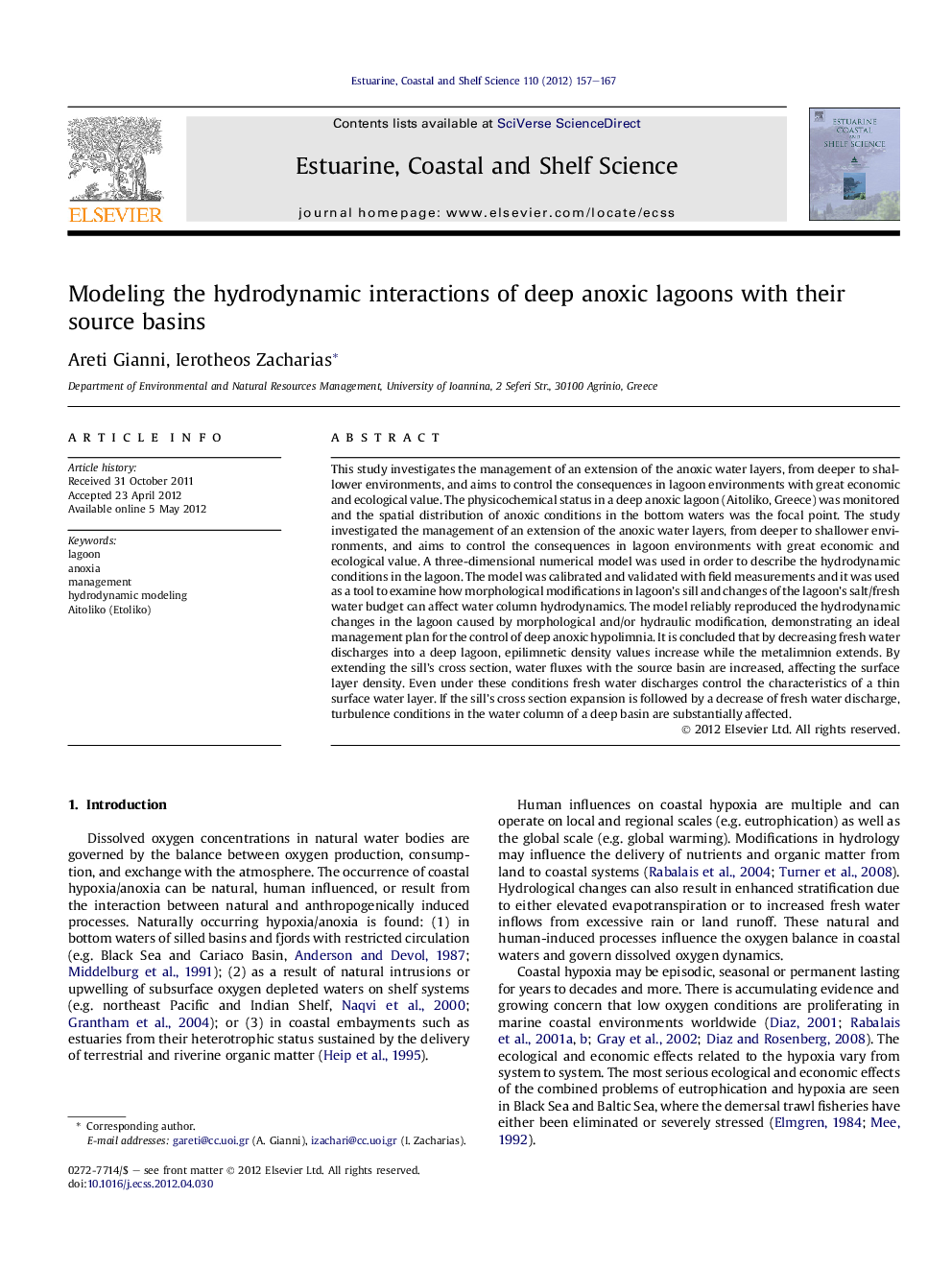 Modeling the hydrodynamic interactions of deep anoxic lagoons with their source basins