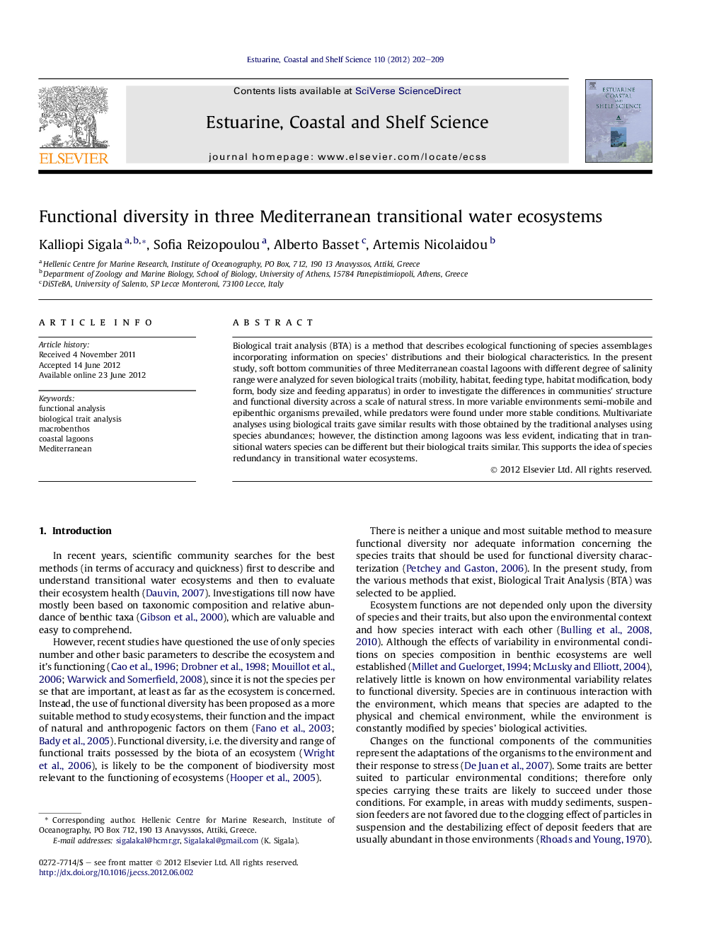 Functional diversity in three Mediterranean transitional water ecosystems