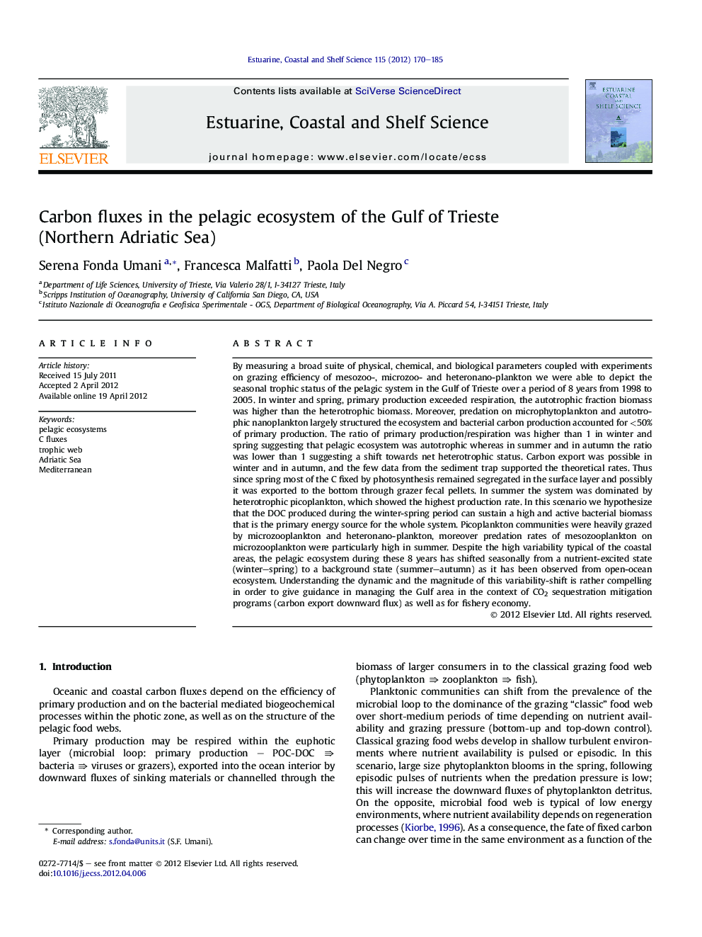 Carbon fluxes in the pelagic ecosystem of the Gulf of Trieste (Northern Adriatic Sea)