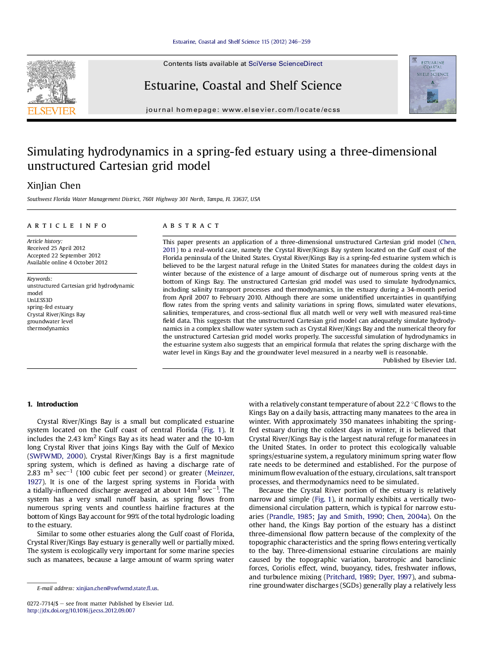 Simulating hydrodynamics in a spring-fed estuary using a three-dimensional unstructured Cartesian grid model