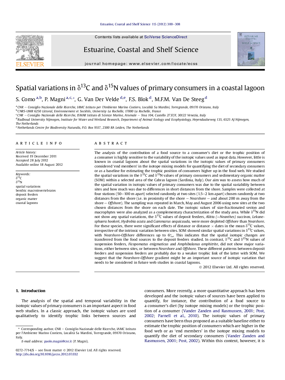 Spatial variations in δ13C and δ15N values of primary consumers in a coastal lagoon