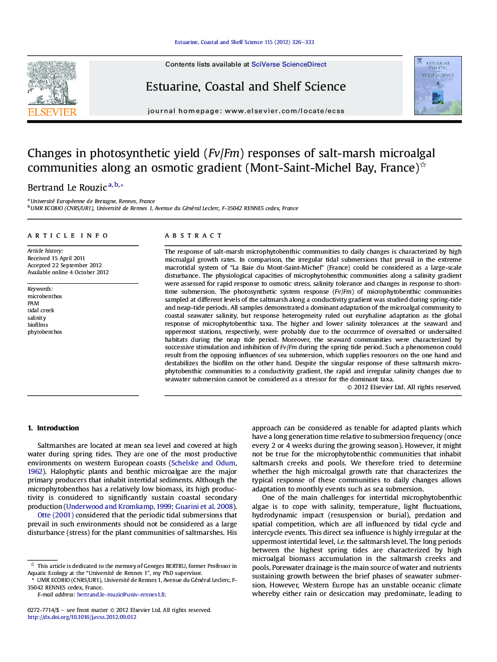 Changes in photosynthetic yield (Fv/Fm) responses of salt-marsh microalgal communities along an osmotic gradient (Mont-Saint-Michel Bay, France) 