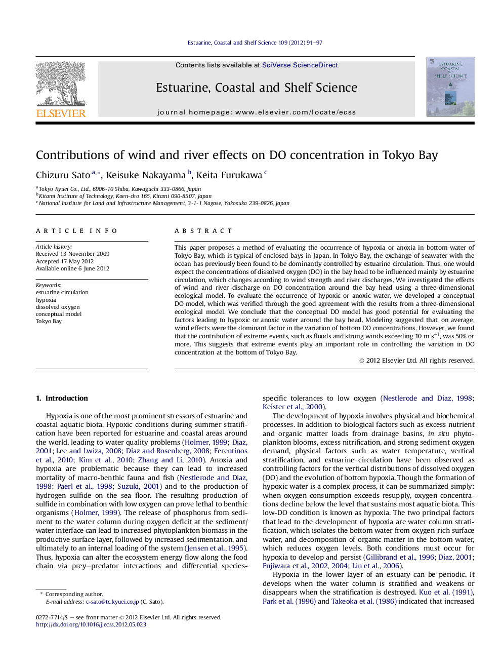 Contributions of wind and river effects on DO concentration in Tokyo Bay