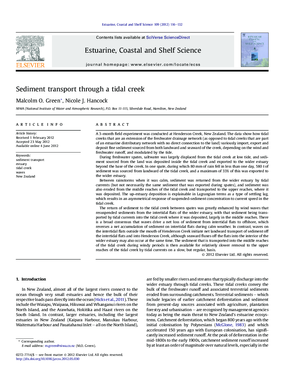 Sediment transport through a tidal creek