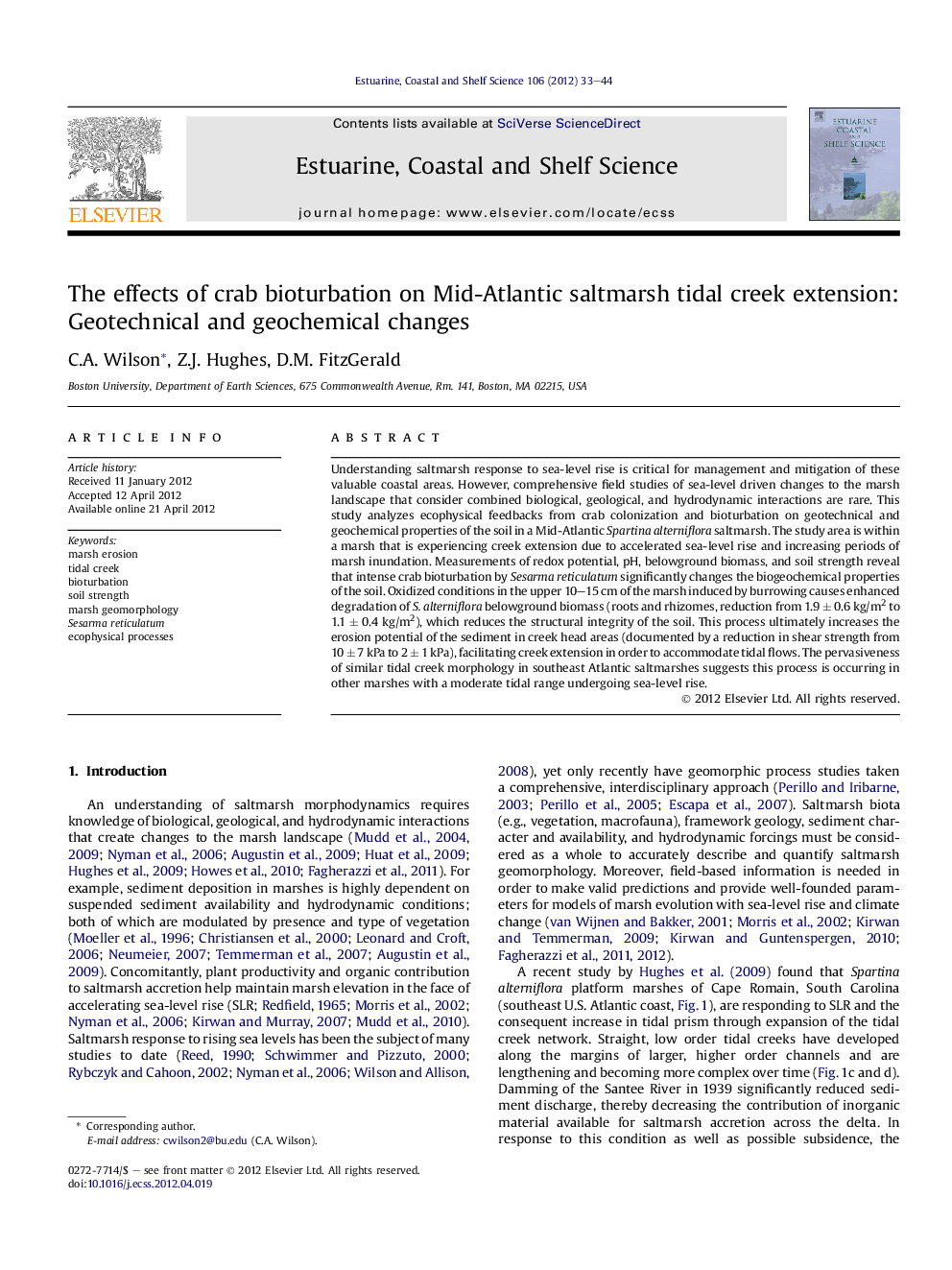 The effects of crab bioturbation on Mid-Atlantic saltmarsh tidal creek extension: Geotechnical and geochemical changes