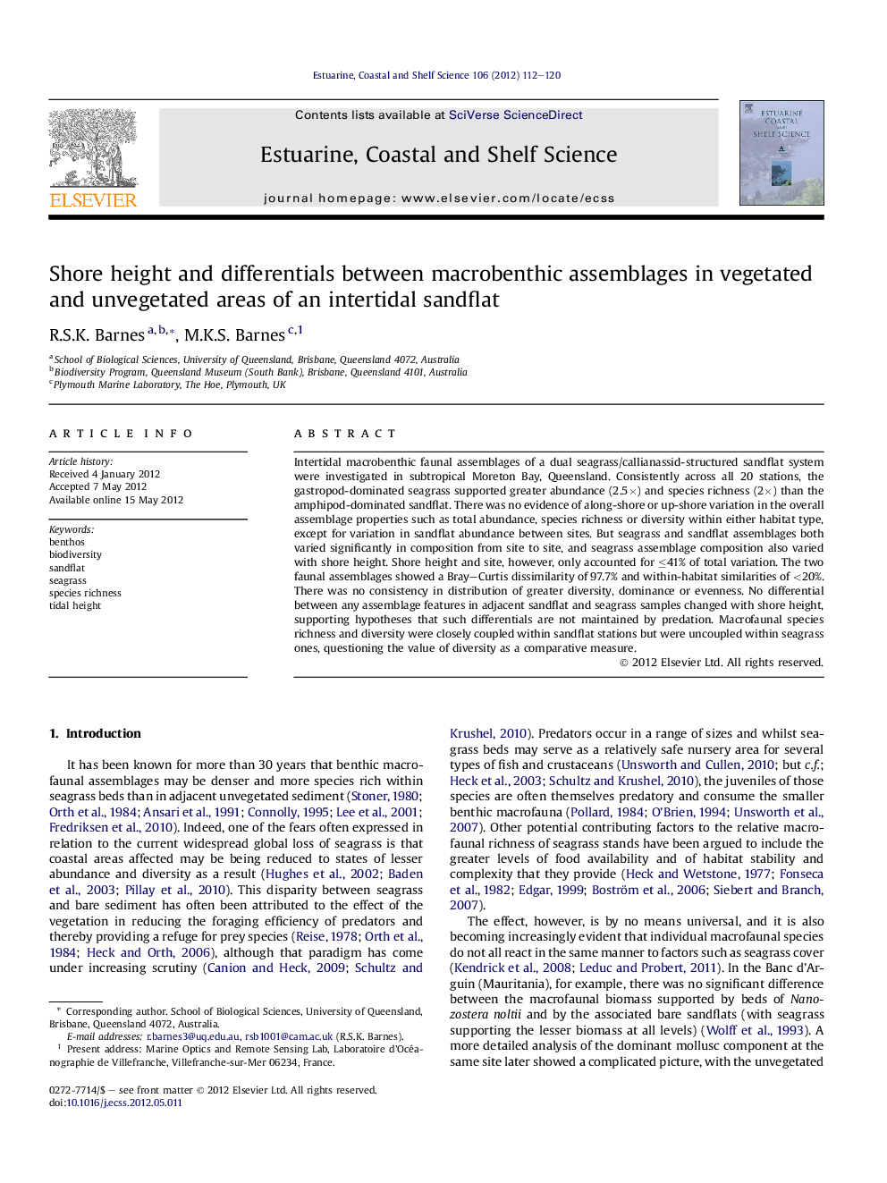 عکس صفحه اول مقاله: Shore height and differentials between macrobenthic assemblages in vegetated and unvegetated areas of an intertidal sandflat Shore height and differentials between macrobenthic assemblages in vegetated and unvegetated areas of an intertidal sandflat