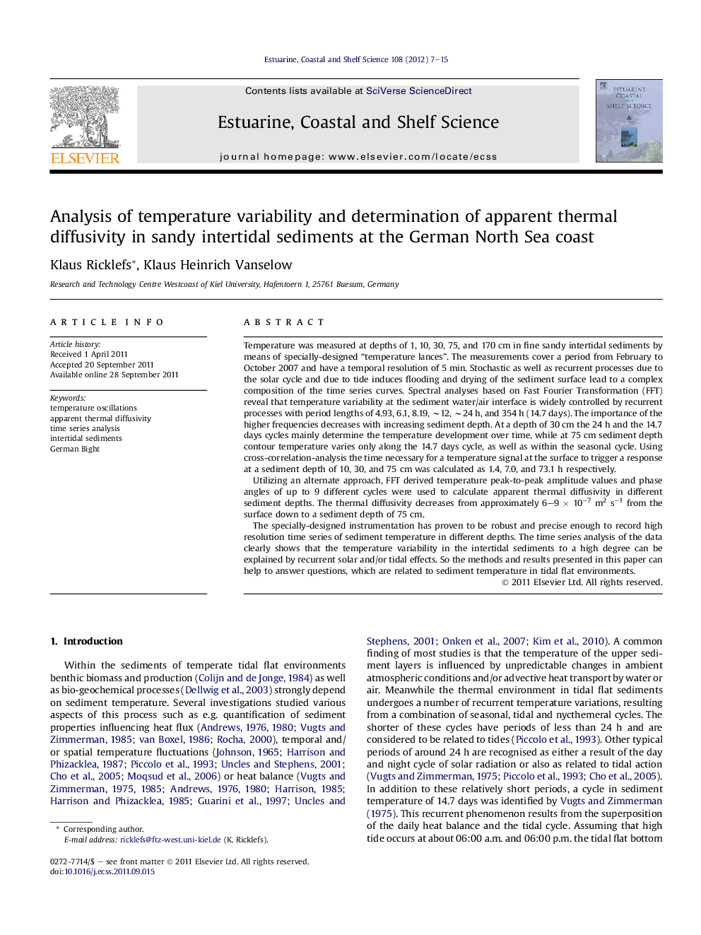 Analysis of temperature variability and determination of apparent thermal diffusivity in sandy intertidal sediments at the German North Sea coast