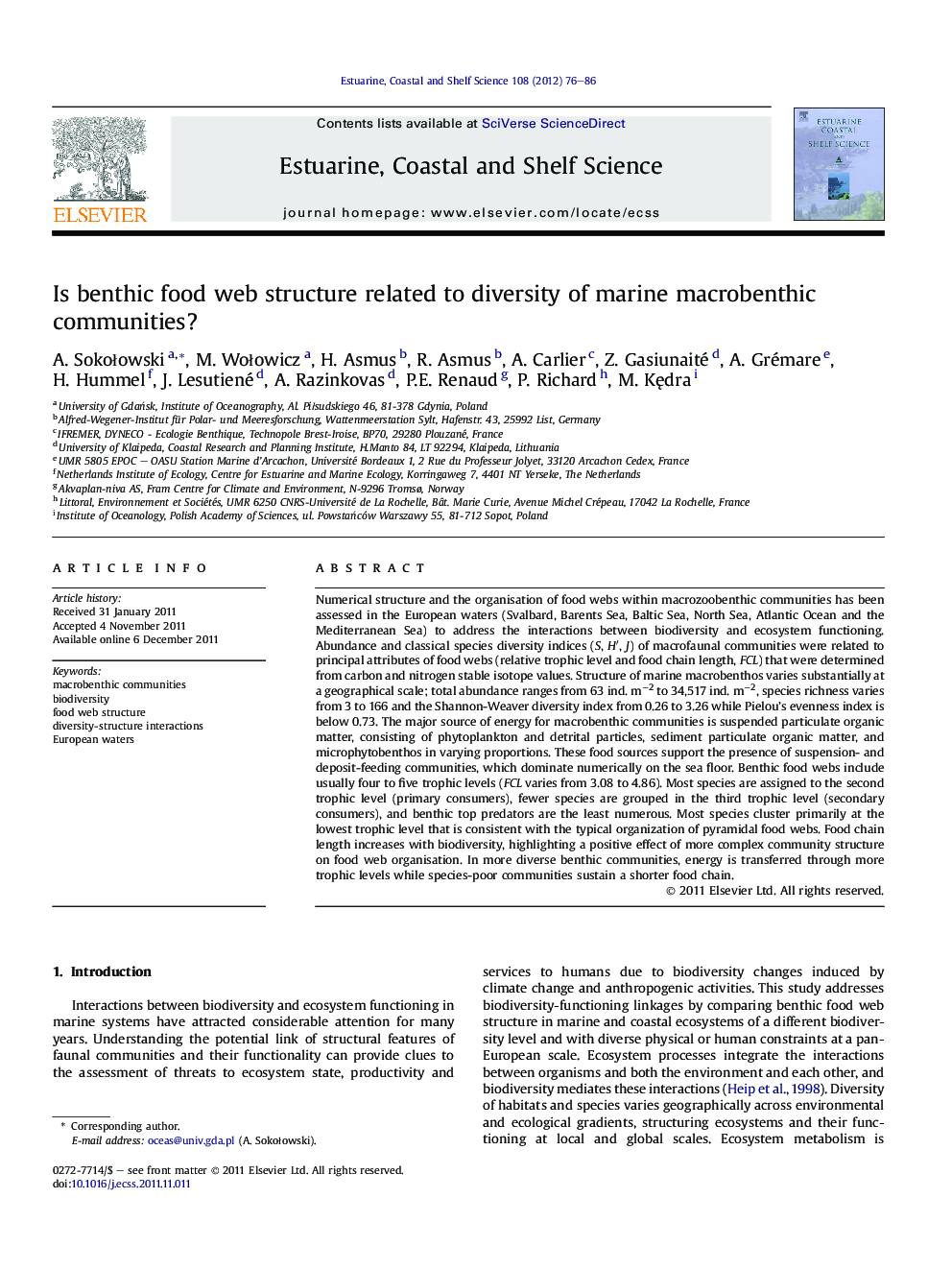 Is benthic food web structure related to diversity of marine macrobenthic communities?