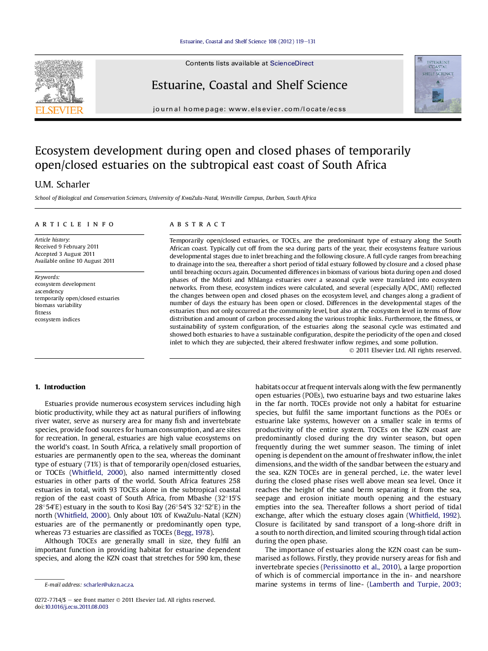 Ecosystem development during open and closed phases of temporarily open/closed estuaries on the subtropical east coast of South Africa