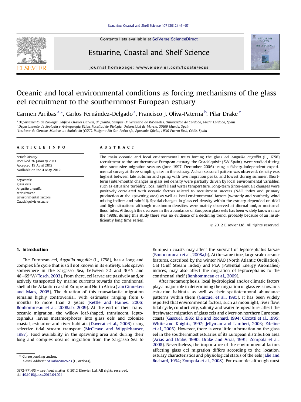 Oceanic and local environmental conditions as forcing mechanisms of the glass eel recruitment to the southernmost European estuary