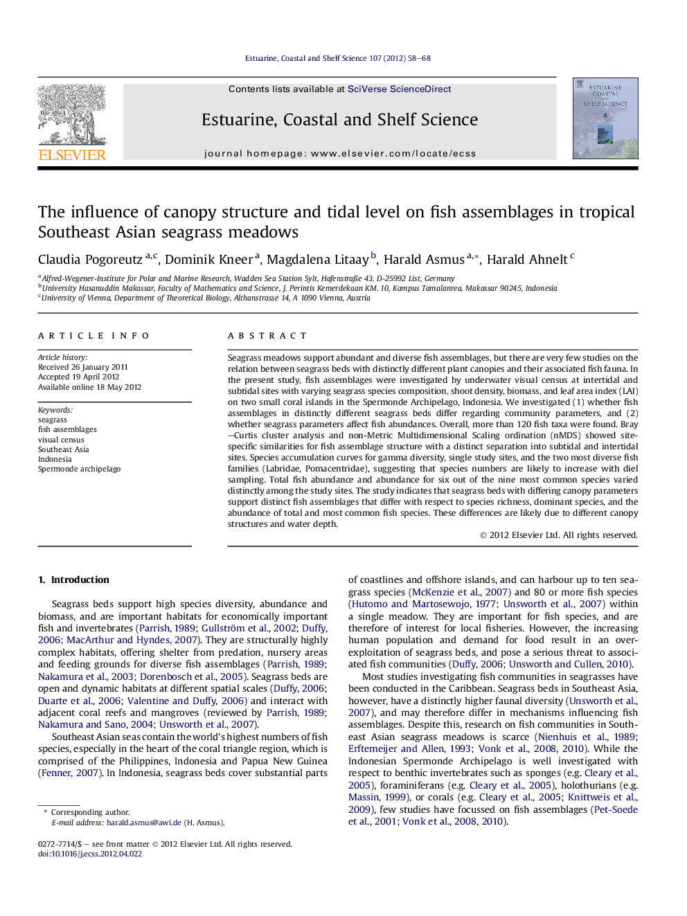 The influence of canopy structure and tidal level on fish assemblages in tropical Southeast Asian seagrass meadows