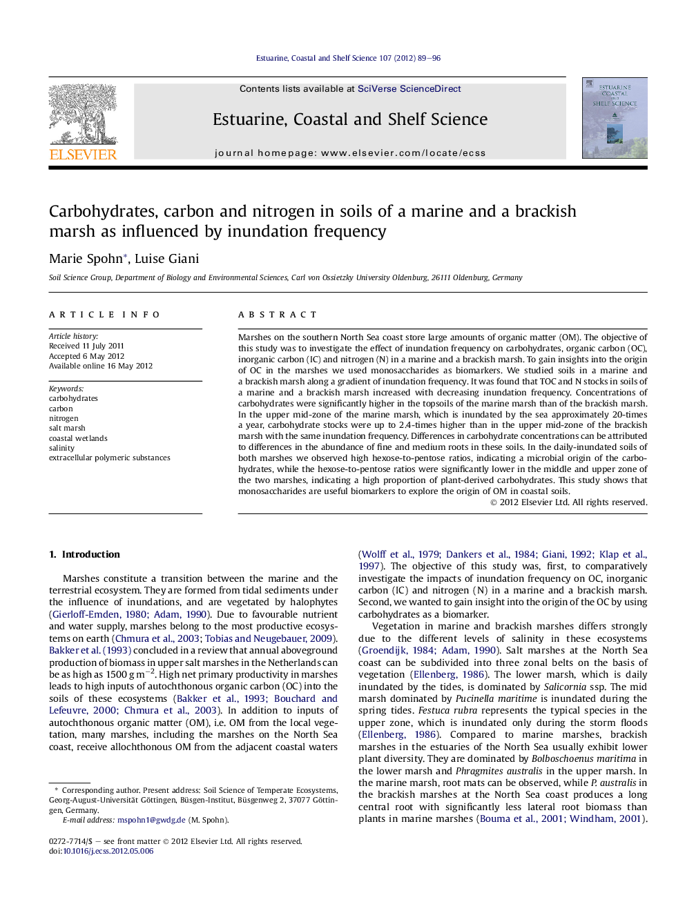 Carbohydrates, carbon and nitrogen in soils of a marine and a brackish marsh as influenced by inundation frequency