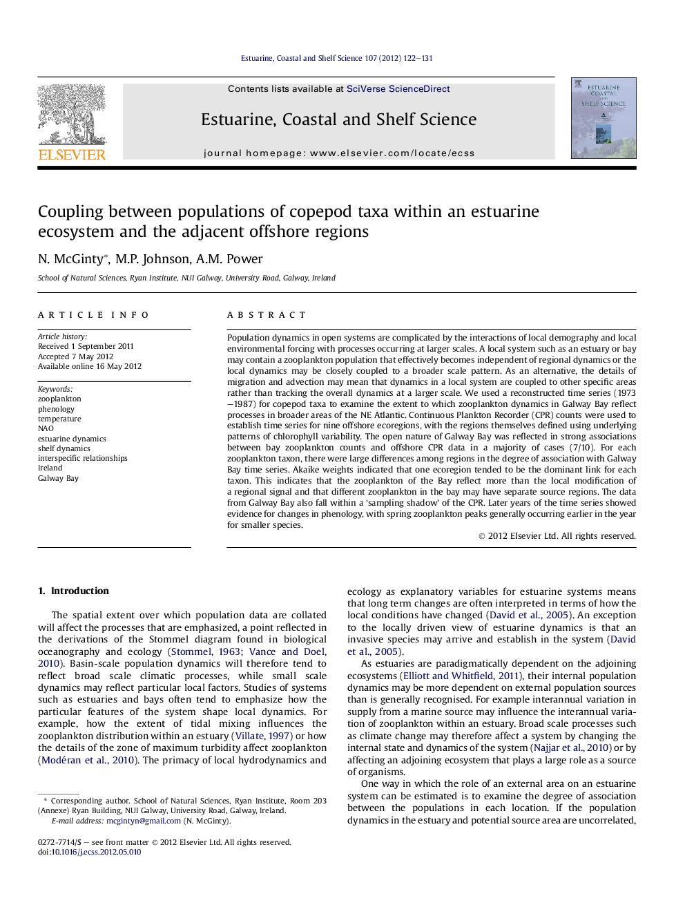 Coupling between populations of copepod taxa within an estuarine ecosystem and the adjacent offshore regions