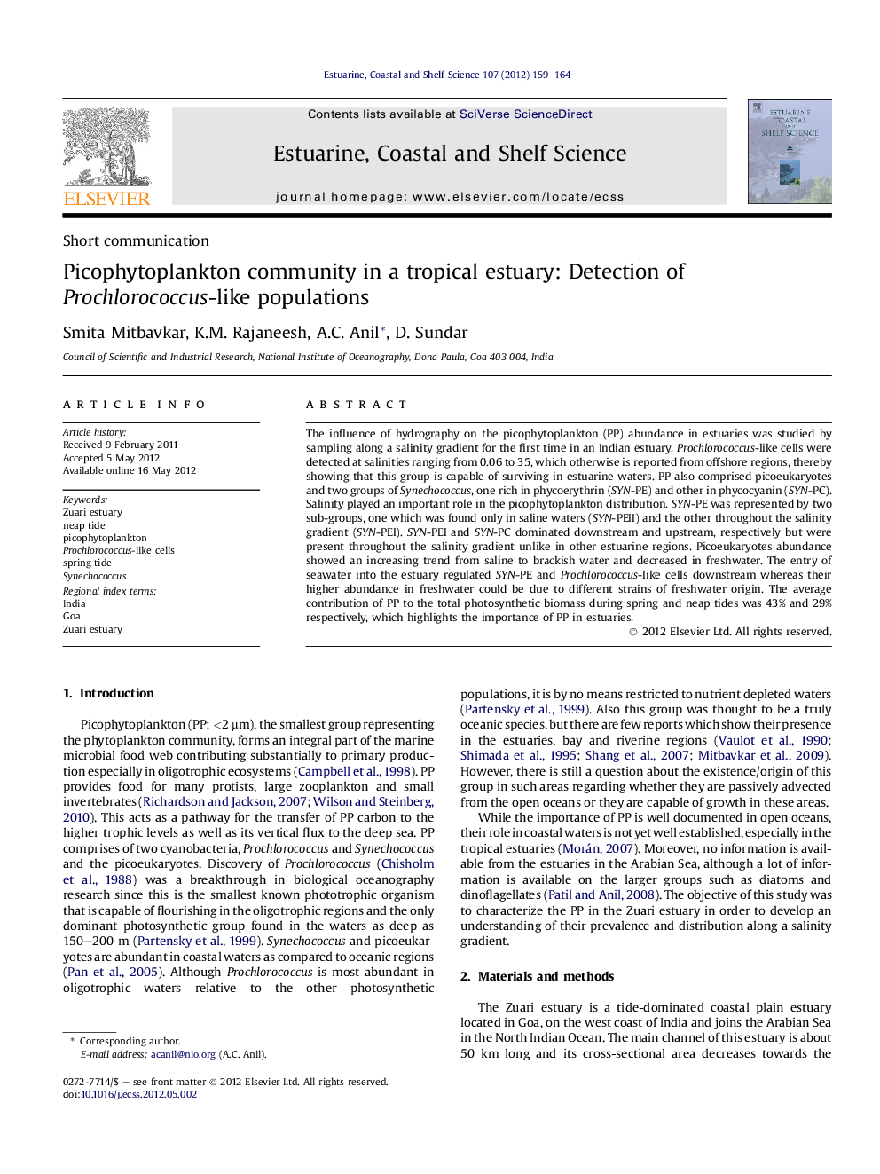 Picophytoplankton community in a tropical estuary: Detection of Prochlorococcus-like populations