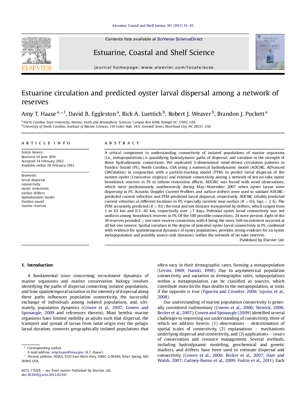 Estuarine circulation and predicted oyster larval dispersal among a network of reserves