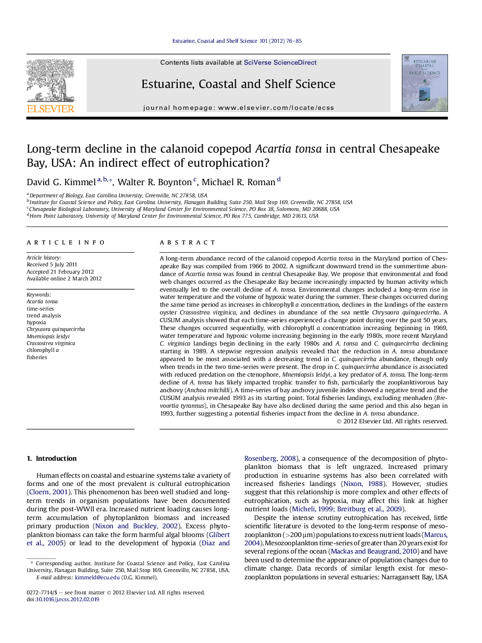 Long-term decline in the calanoid copepod Acartia tonsa in central Chesapeake Bay, USA: An indirect effect of eutrophication?