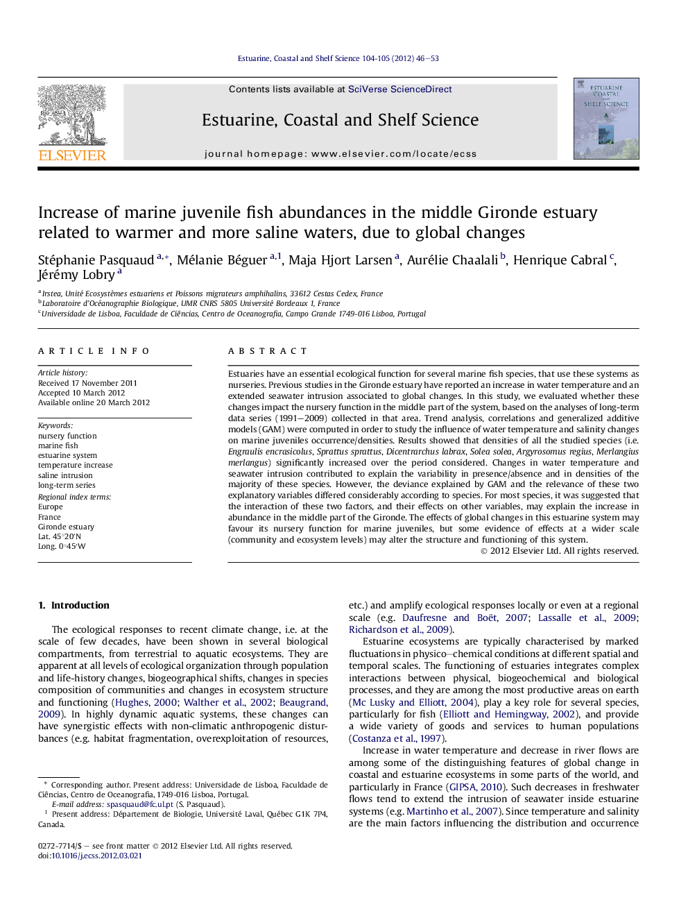 Increase of marine juvenile fish abundances in the middle Gironde estuary related to warmer and more saline waters, due to global changes