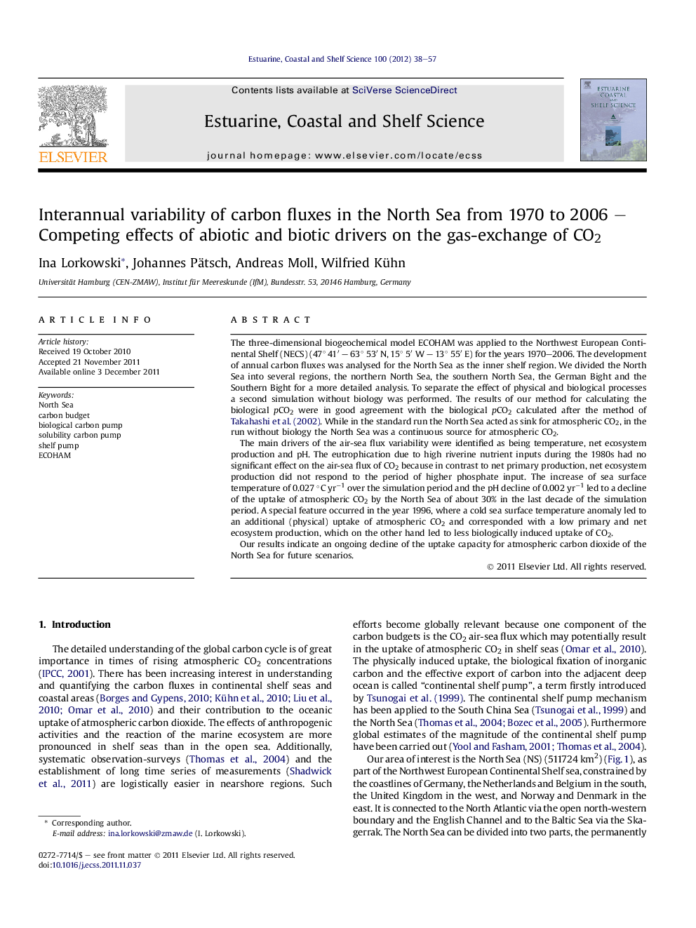 Interannual variability of carbon fluxes in the North Sea from 1970 to 2006 – Competing effects of abiotic and biotic drivers on the gas-exchange of CO2