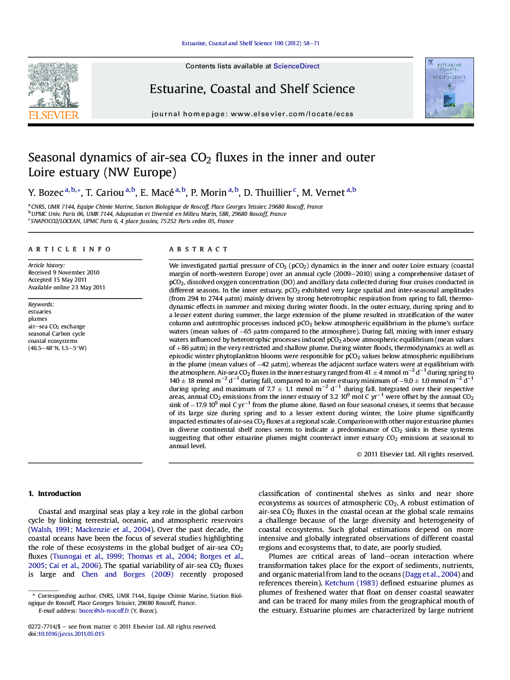 Seasonal dynamics of air-sea CO2 fluxes in the inner and outer Loire estuary (NW Europe)