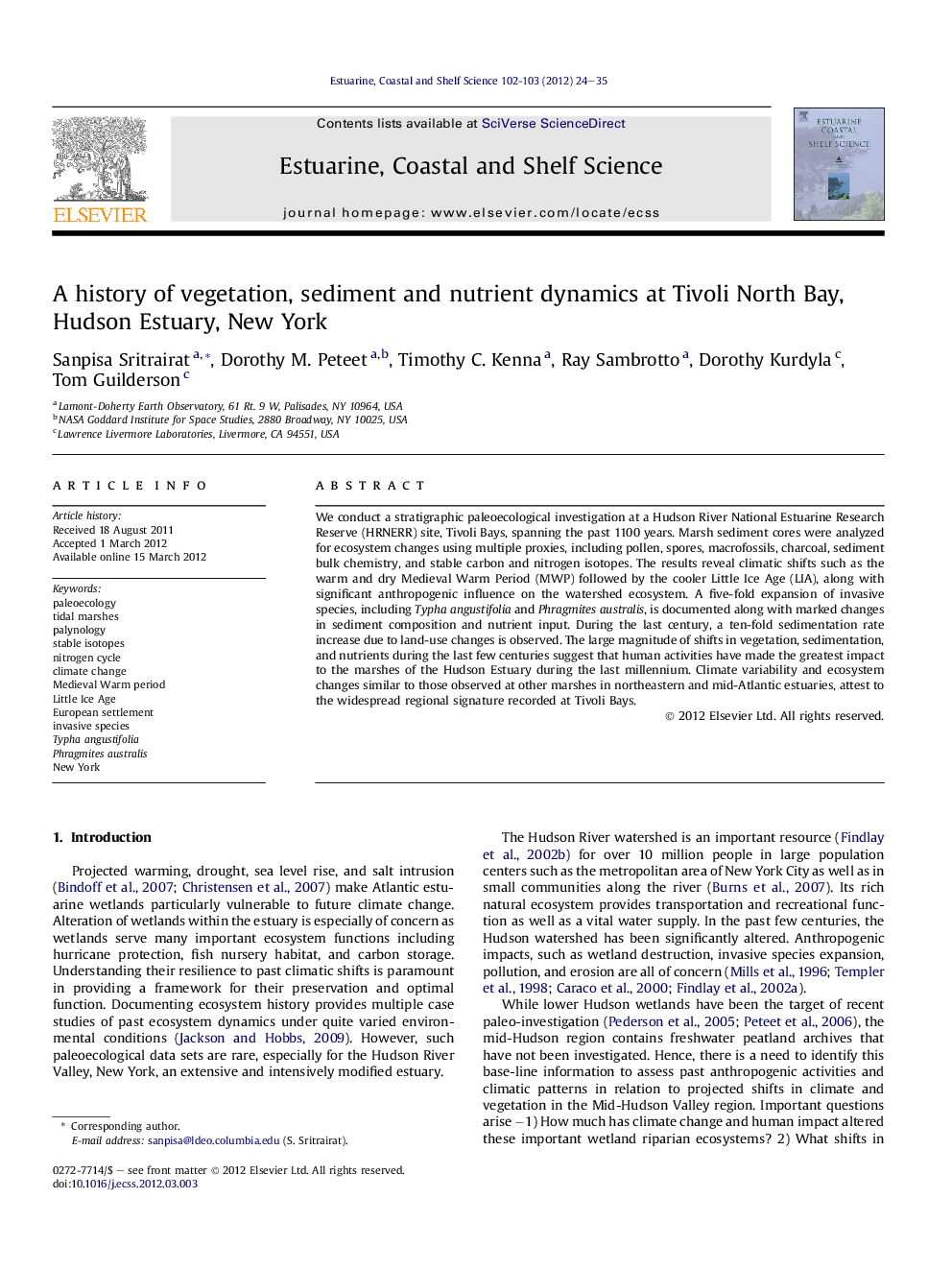 A history of vegetation, sediment and nutrient dynamics at Tivoli North Bay, Hudson Estuary, New York