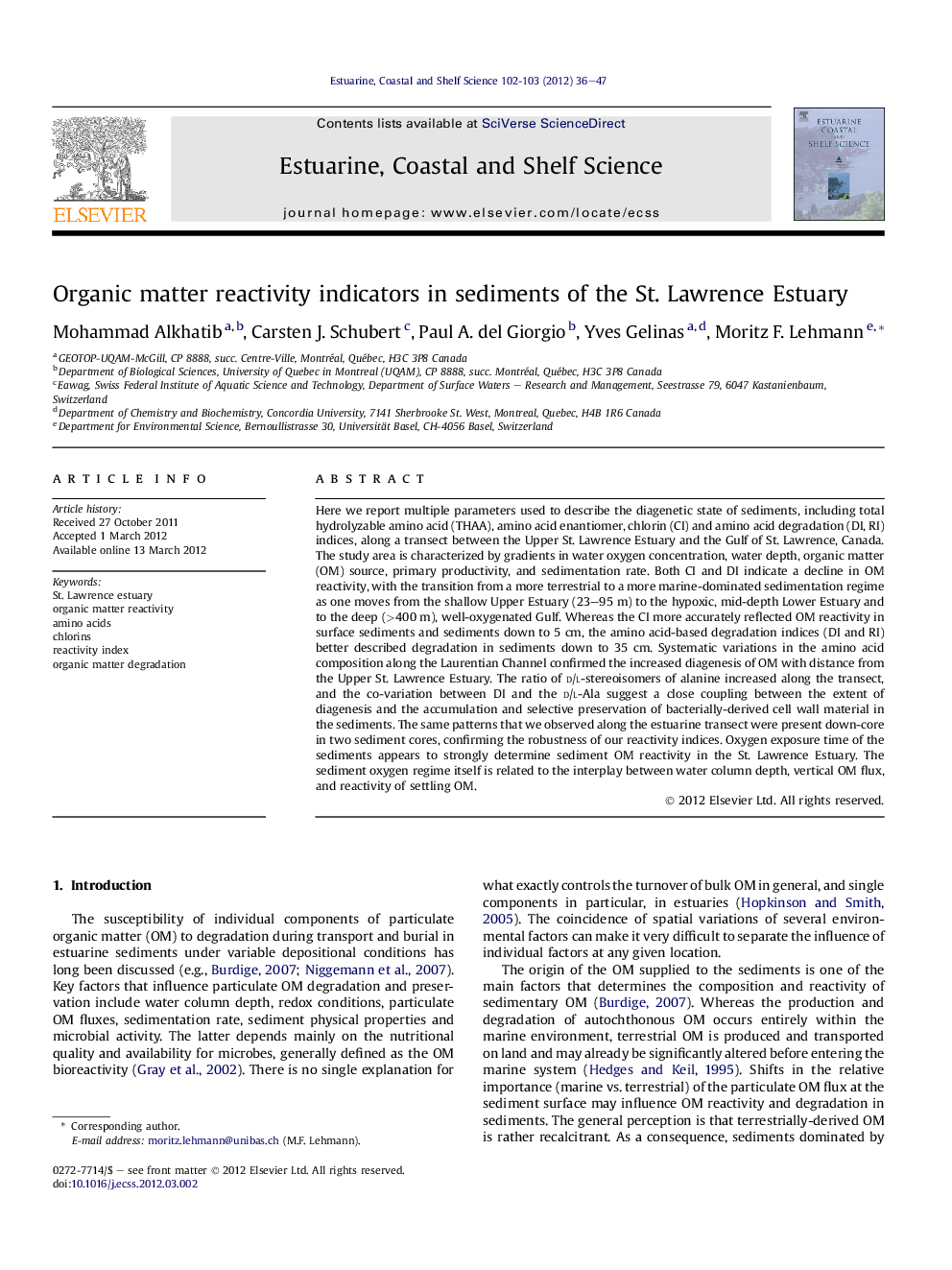 Organic matter reactivity indicators in sediments of the St. Lawrence Estuary