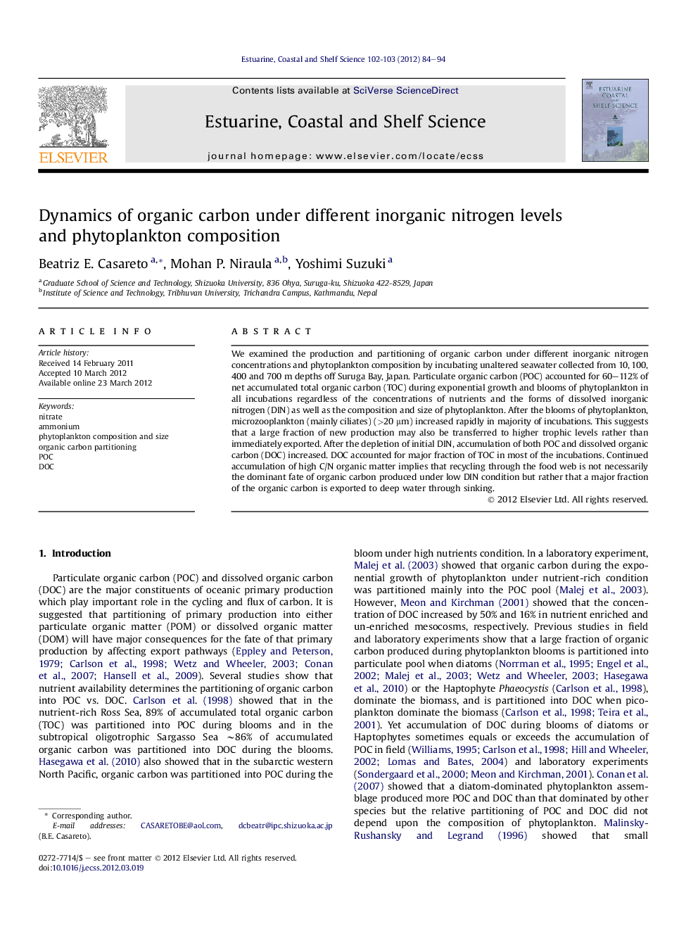 Dynamics of organic carbon under different inorganic nitrogen levels and phytoplankton composition