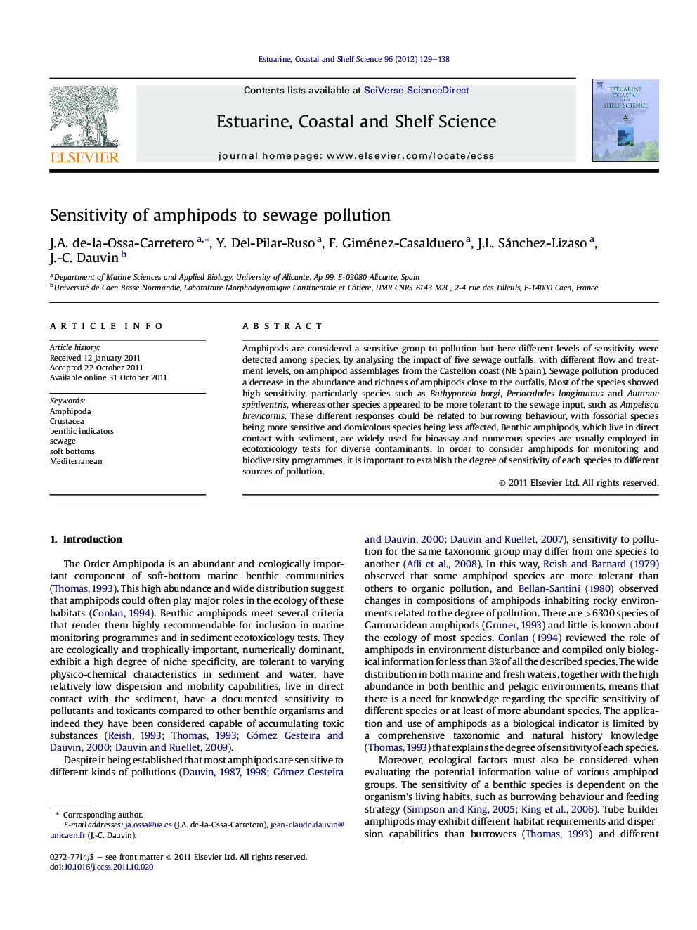 Sensitivity of amphipods to sewage pollution