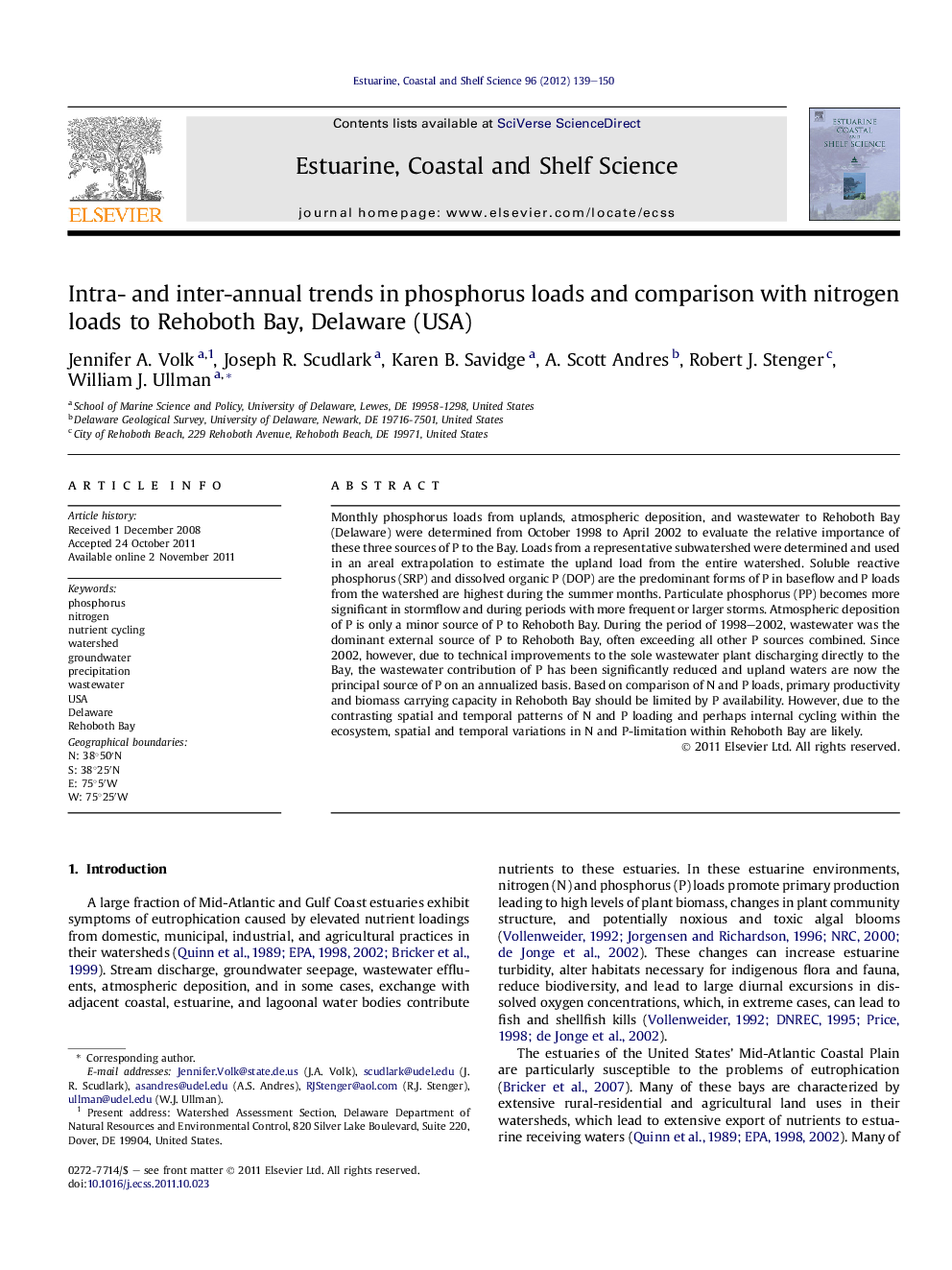 Intra- and inter-annual trends in phosphorus loads and comparison with nitrogen loads to Rehoboth Bay, Delaware (USA)