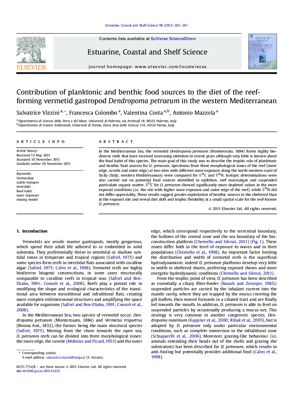 Contribution of planktonic and benthic food sources to the diet of the reef-forming vermetid gastropod Dendropoma petraeum in the western Mediterranean