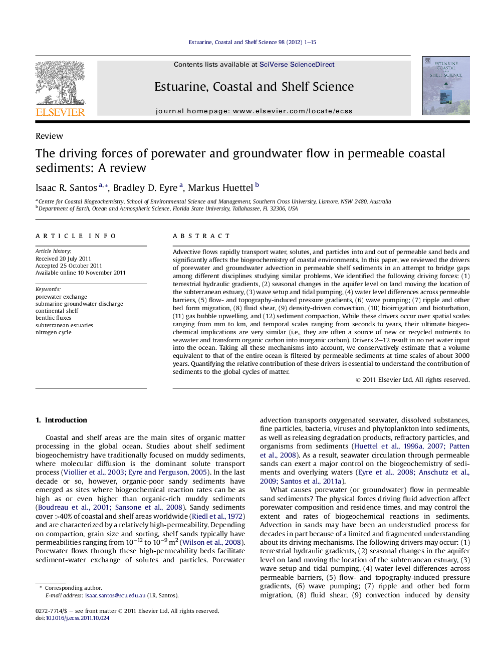 The driving forces of porewater and groundwater flow in permeable coastal sediments: A review