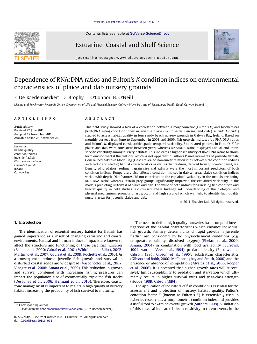 Dependence of RNA:DNA ratios and Fulton’s K condition indices on environmental characteristics of plaice and dab nursery grounds