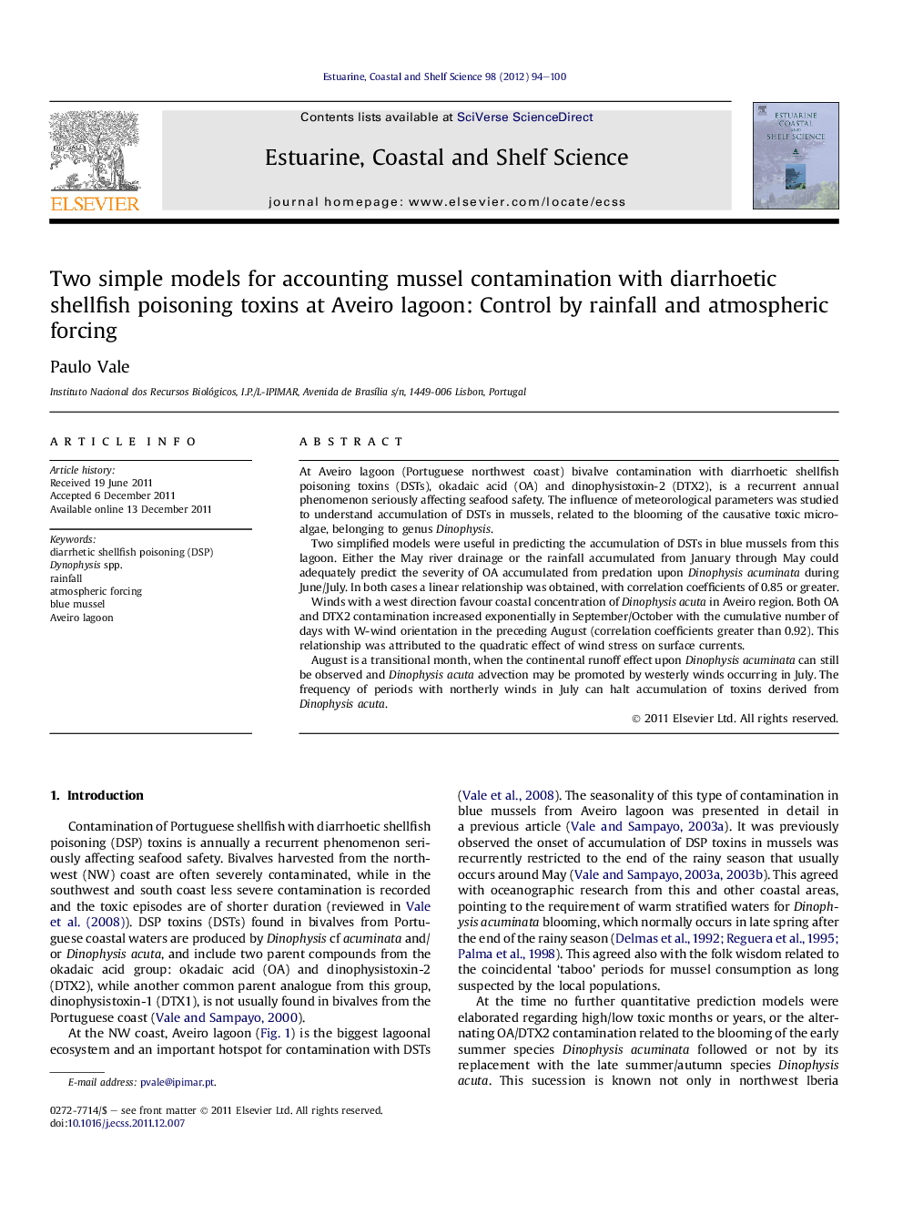 Two simple models for accounting mussel contamination with diarrhoetic shellfish poisoning toxins at Aveiro lagoon: Control by rainfall and atmospheric forcing