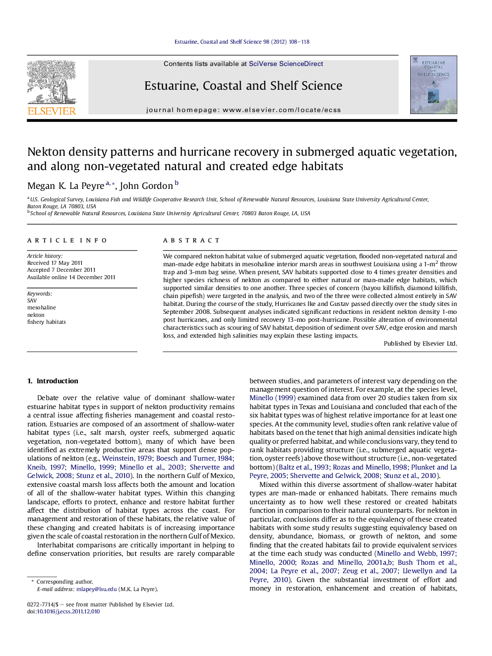 Nekton density patterns and hurricane recovery in submerged aquatic vegetation, and along non-vegetated natural and created edge habitats