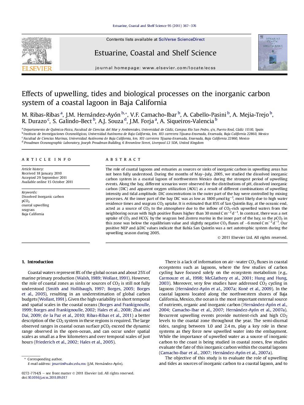 Effects of upwelling, tides and biological processes on the inorganic carbon system of a coastal lagoon in Baja California