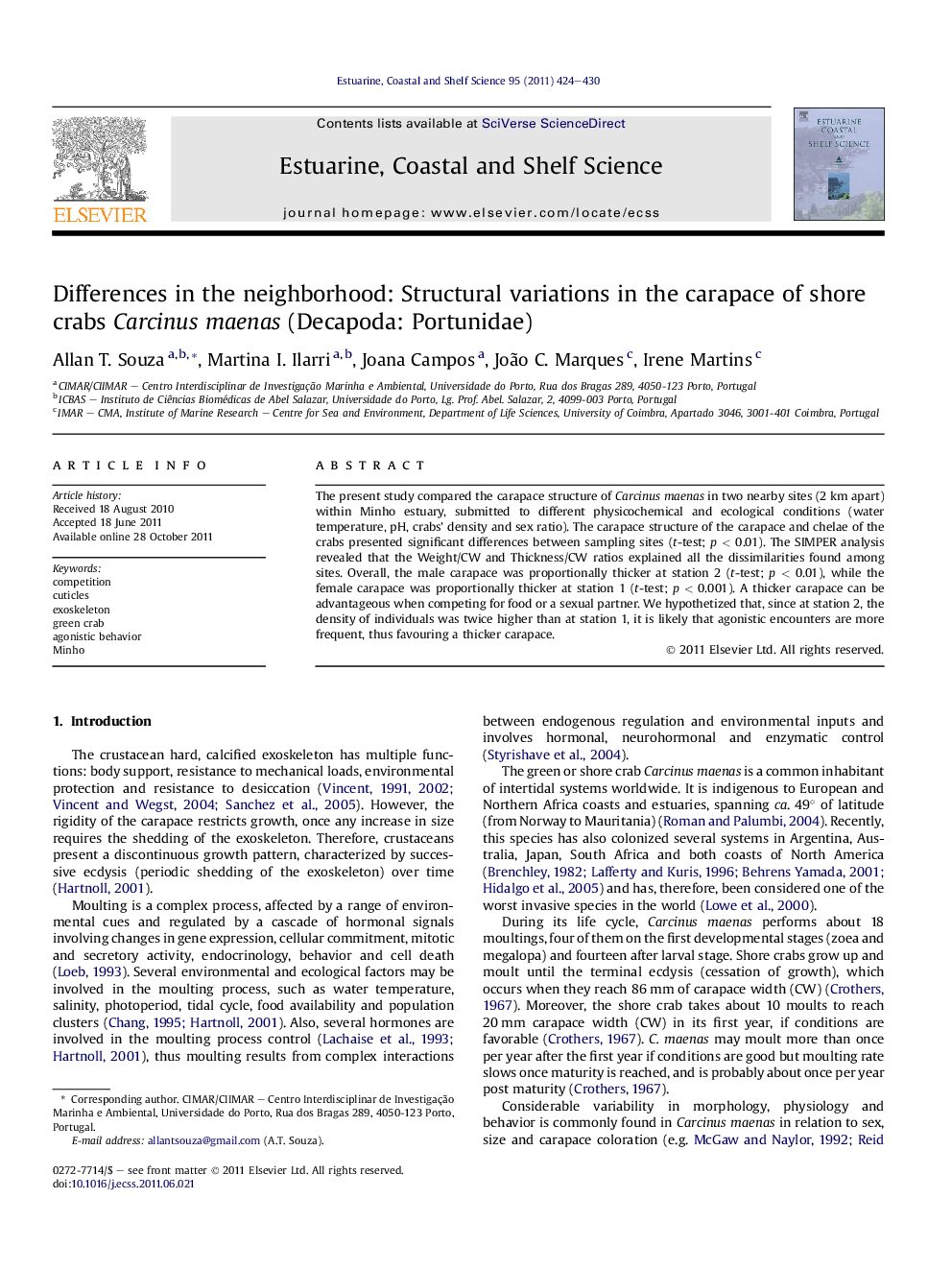 Differences in the neighborhood: Structural variations in the carapace of shore crabs Carcinus maenas (Decapoda: Portunidae)