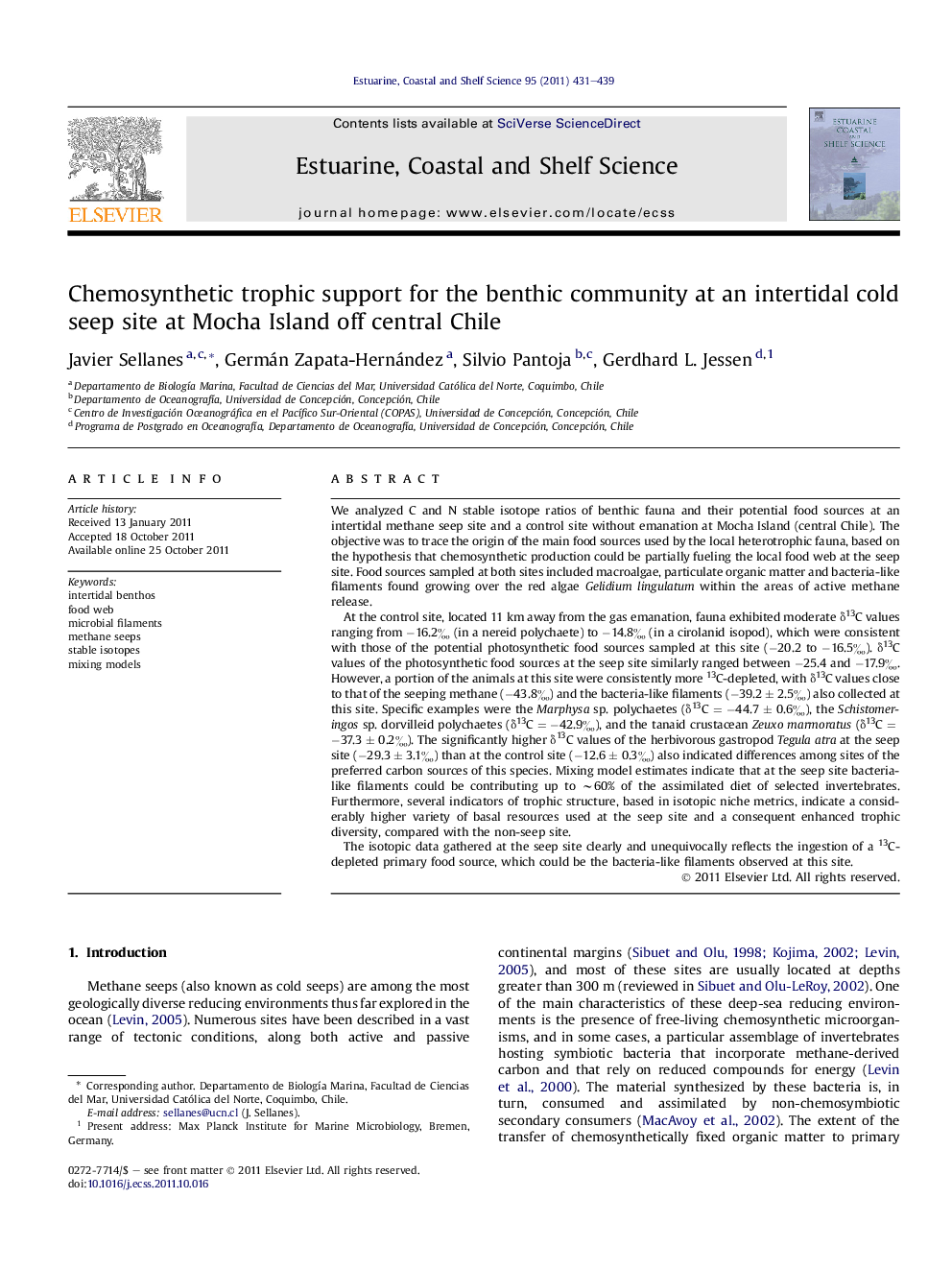 Chemosynthetic trophic support for the benthic community at an intertidal cold seep site at Mocha Island off central Chile