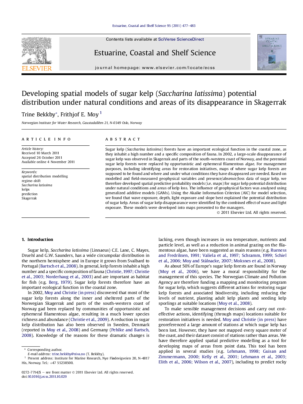 Developing spatial models of sugar kelp (Saccharina latissima) potential distribution under natural conditions and areas of its disappearance in Skagerrak