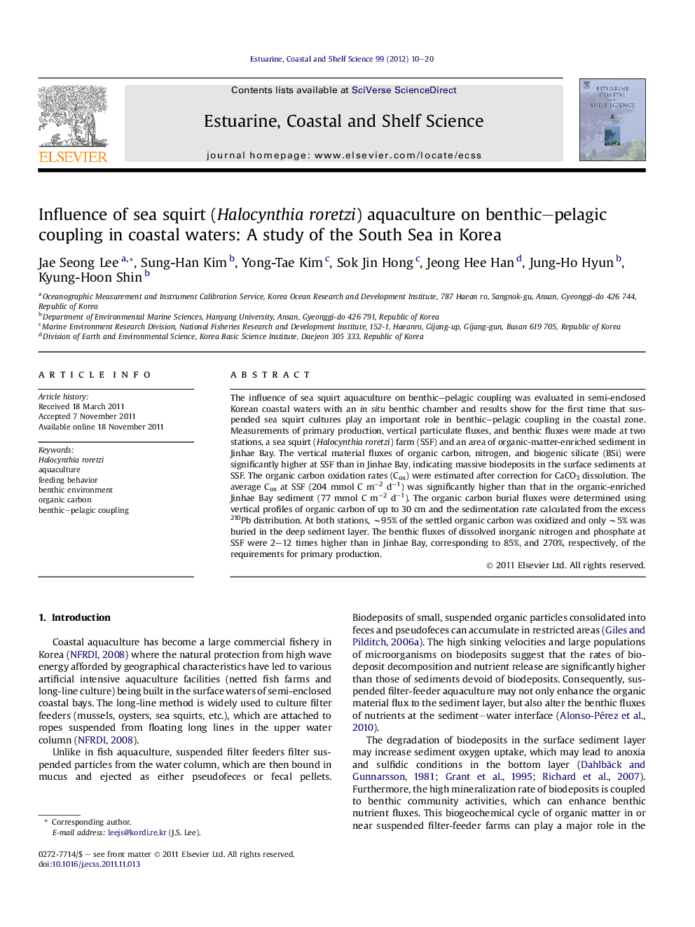 Influence of sea squirt (Halocynthia roretzi) aquaculture on benthic–pelagic coupling in coastal waters: A study of the South Sea in Korea