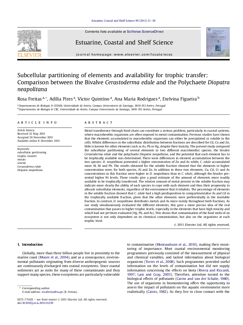 Subcellular partitioning of elements and availability for trophic transfer: Comparison between the Bivalve Cerastoderma edule and the Polychaete Diopatra neapolitana