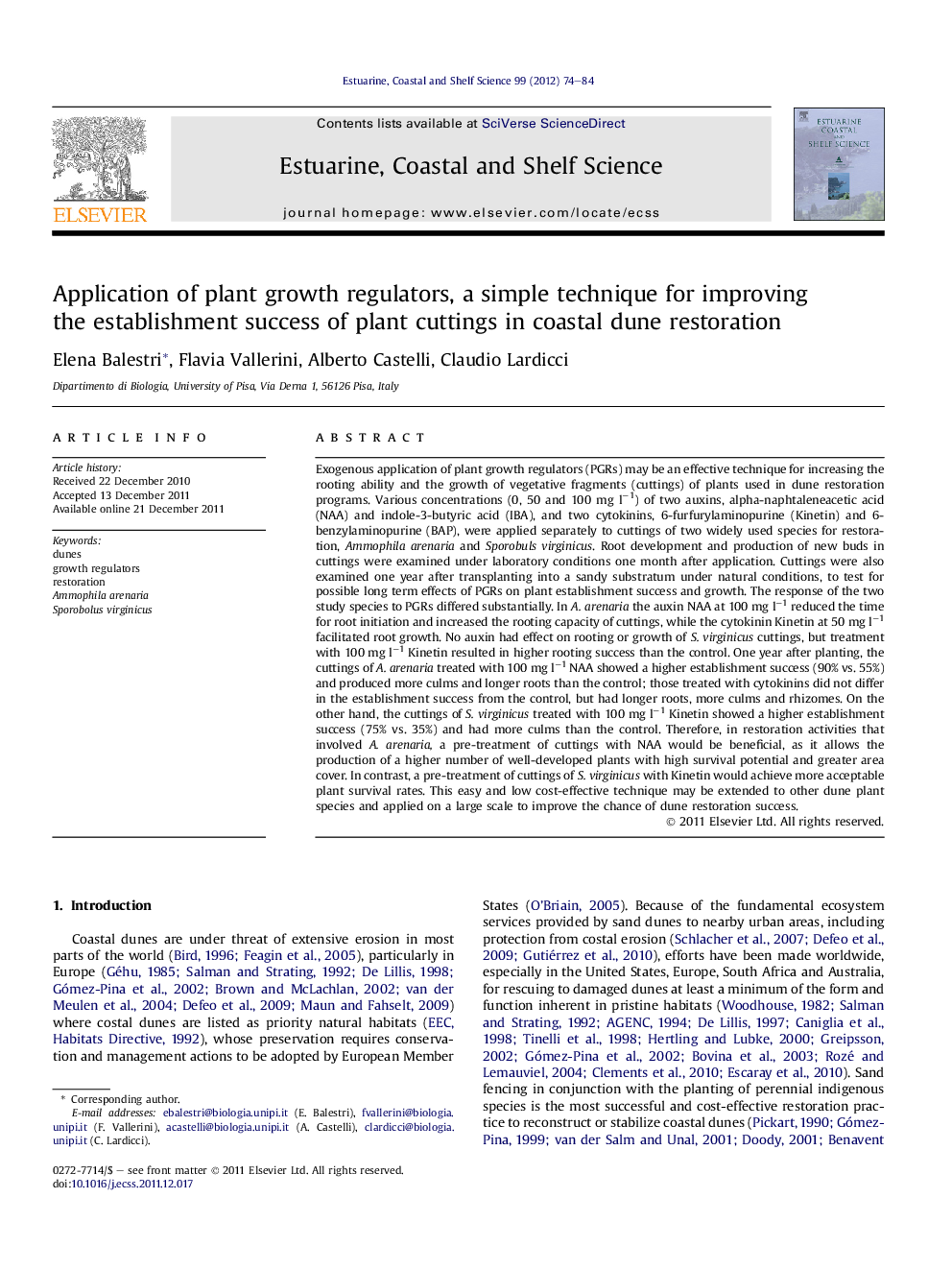 Application of plant growth regulators, a simple technique for improving the establishment success of plant cuttings in coastal dune restoration