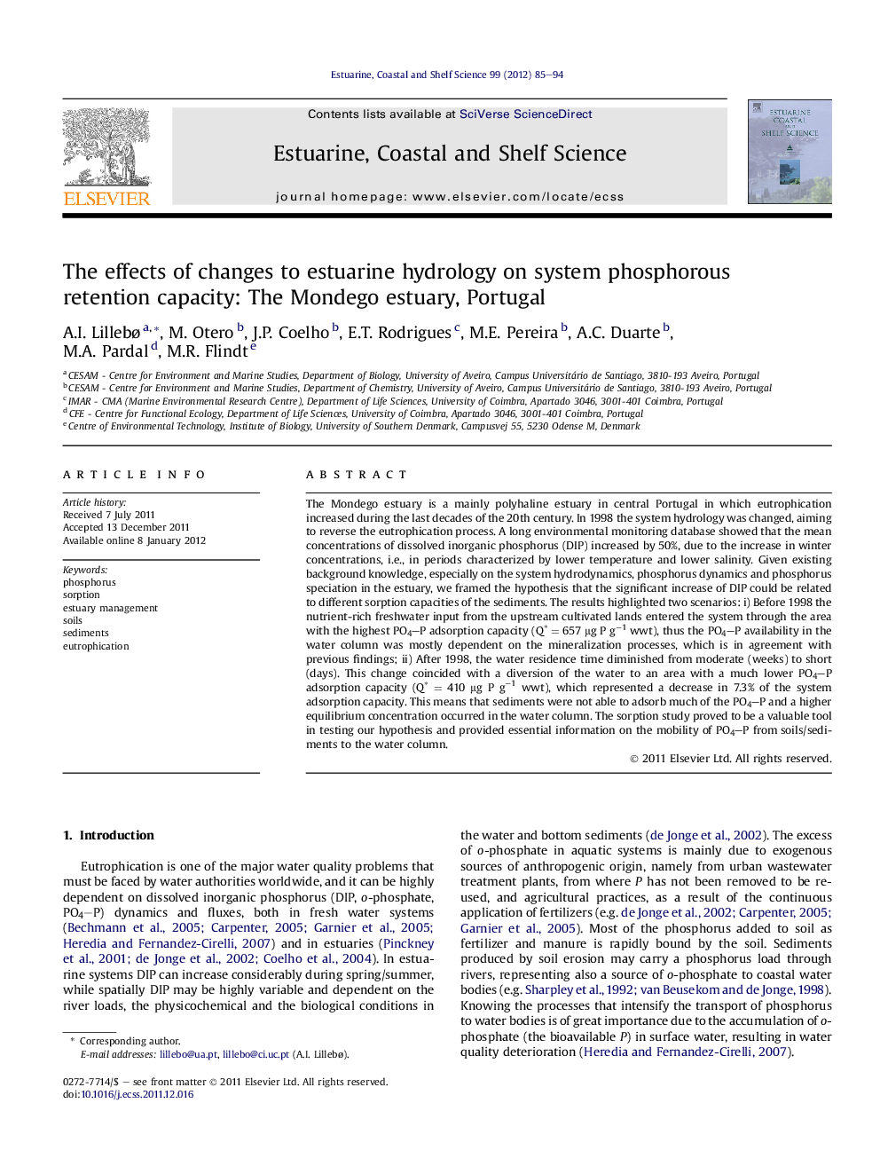 The effects of changes to estuarine hydrology on system phosphorous retention capacity: The Mondego estuary, Portugal