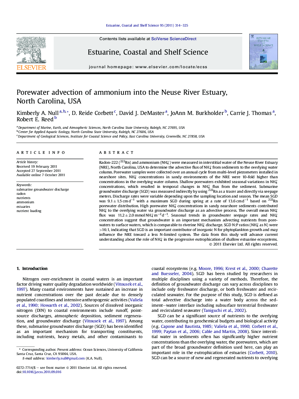 Porewater advection of ammonium into the Neuse River Estuary, North Carolina, USA