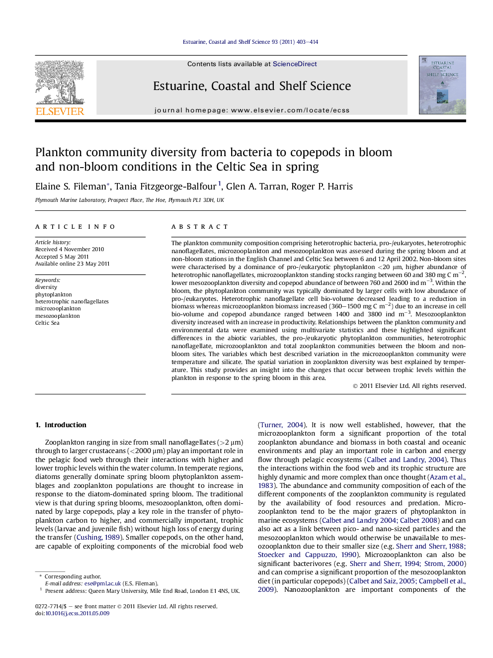 Plankton community diversity from bacteria to copepods in bloom and non-bloom conditions in the Celtic Sea in spring