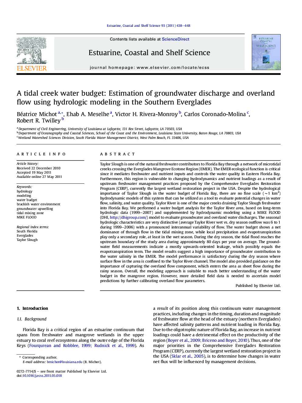 A tidal creek water budget: Estimation of groundwater discharge and overland flow using hydrologic modeling in the Southern Everglades