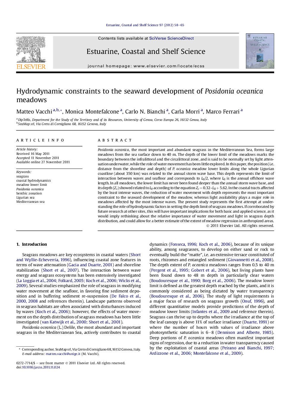 Hydrodynamic constraints to the seaward development of Posidonia oceanica meadows