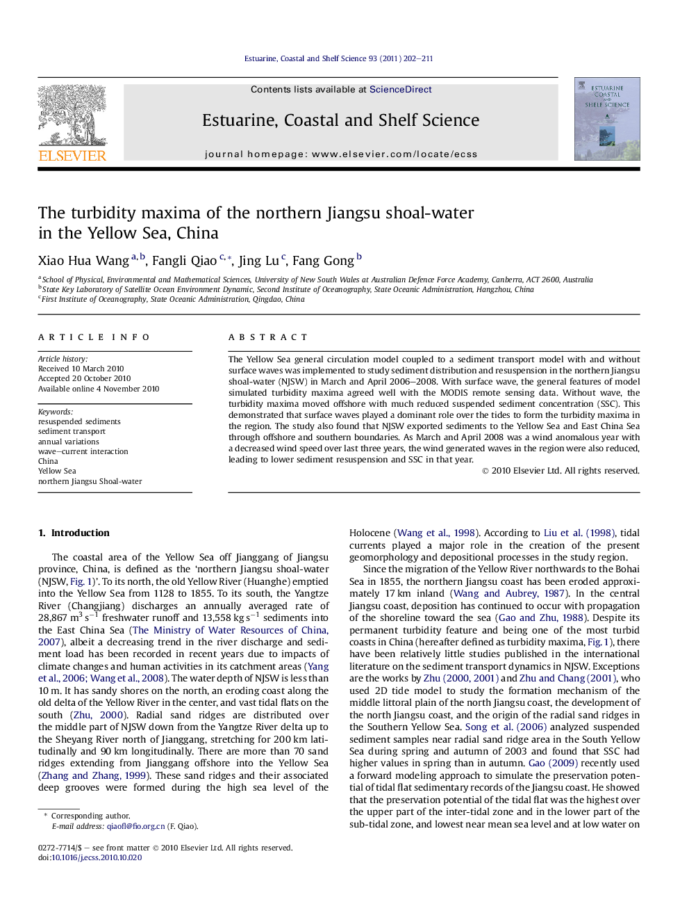 The turbidity maxima of the northern Jiangsu shoal-water in the Yellow Sea, China