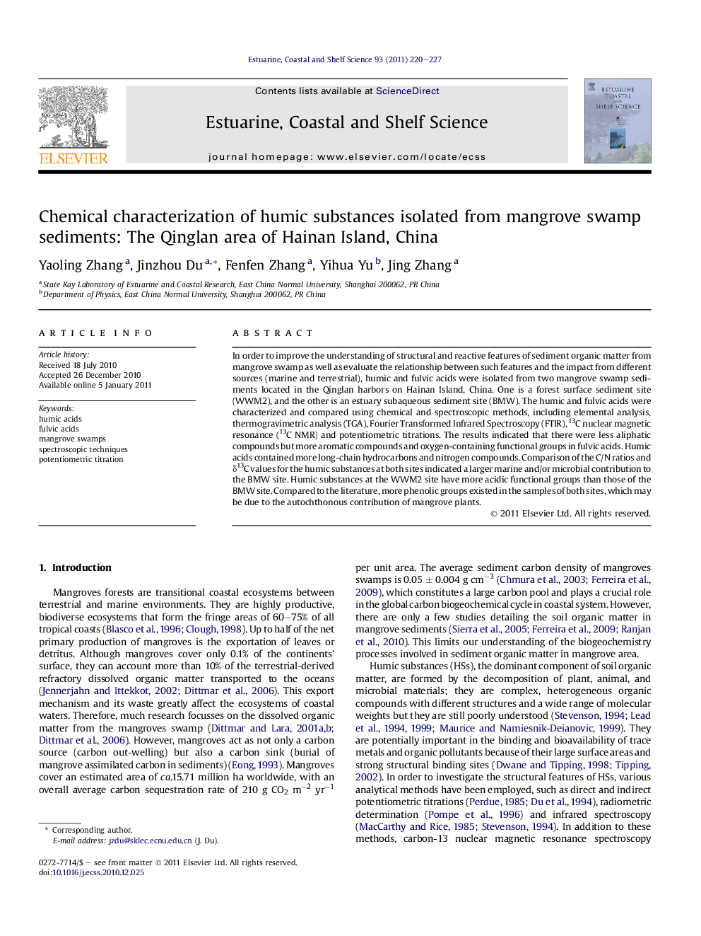 Chemical characterization of humic substances isolated from mangrove swamp sediments: The Qinglan area of Hainan Island, China